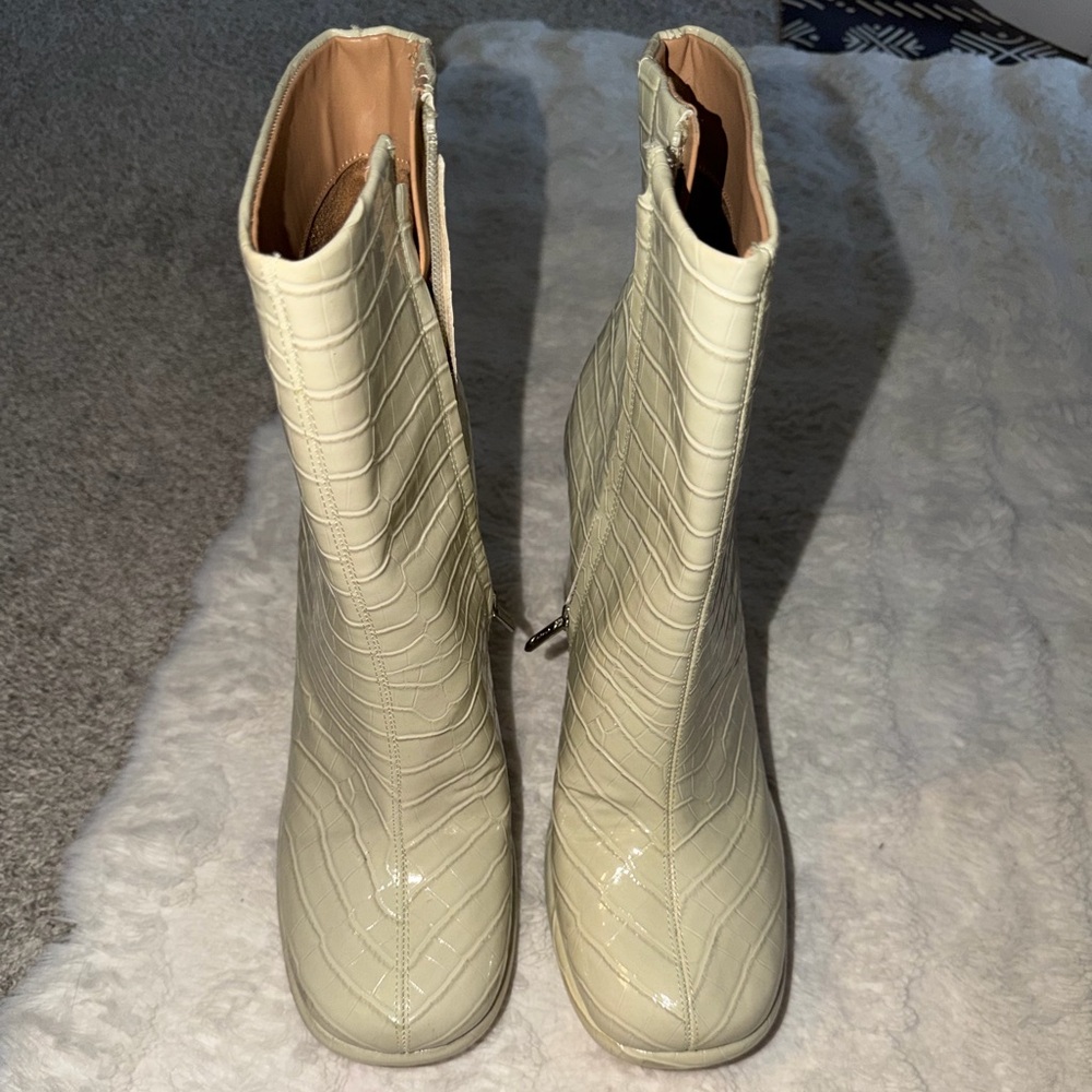 Croc-Embossed Cream Ankle Booties with Side Zip
